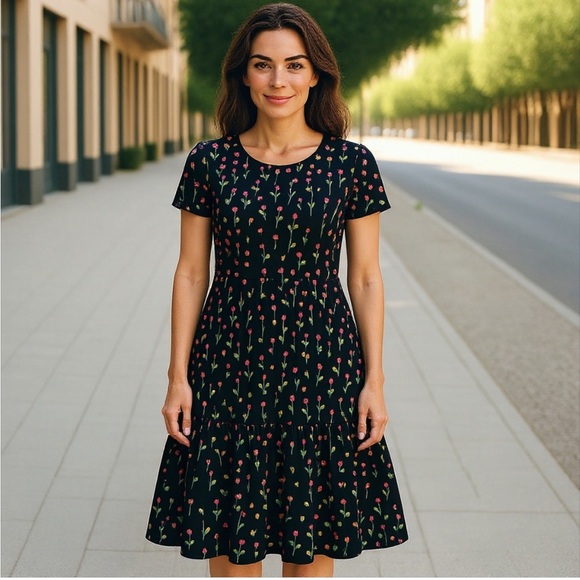 Vintage Hampton Dress Co. Black Floral Dress size Petite Large D10 - Picture 1 of 3